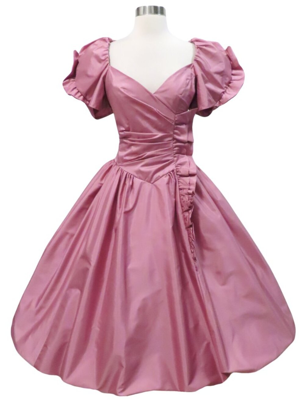 Vintage 80s Pink Taffeta Ruffle Full Bubble Skirt Prom Queen Gown Party Dress XS